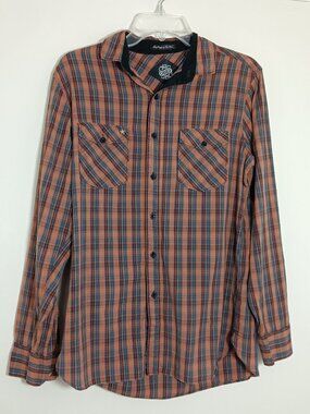 Obey Plaid Button Up Shirt Men Medium Orange Gray Street wear Cotton